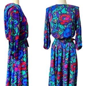 True Vintage 1980’s Vibrant Belted Floral Midi / Maxi Dress